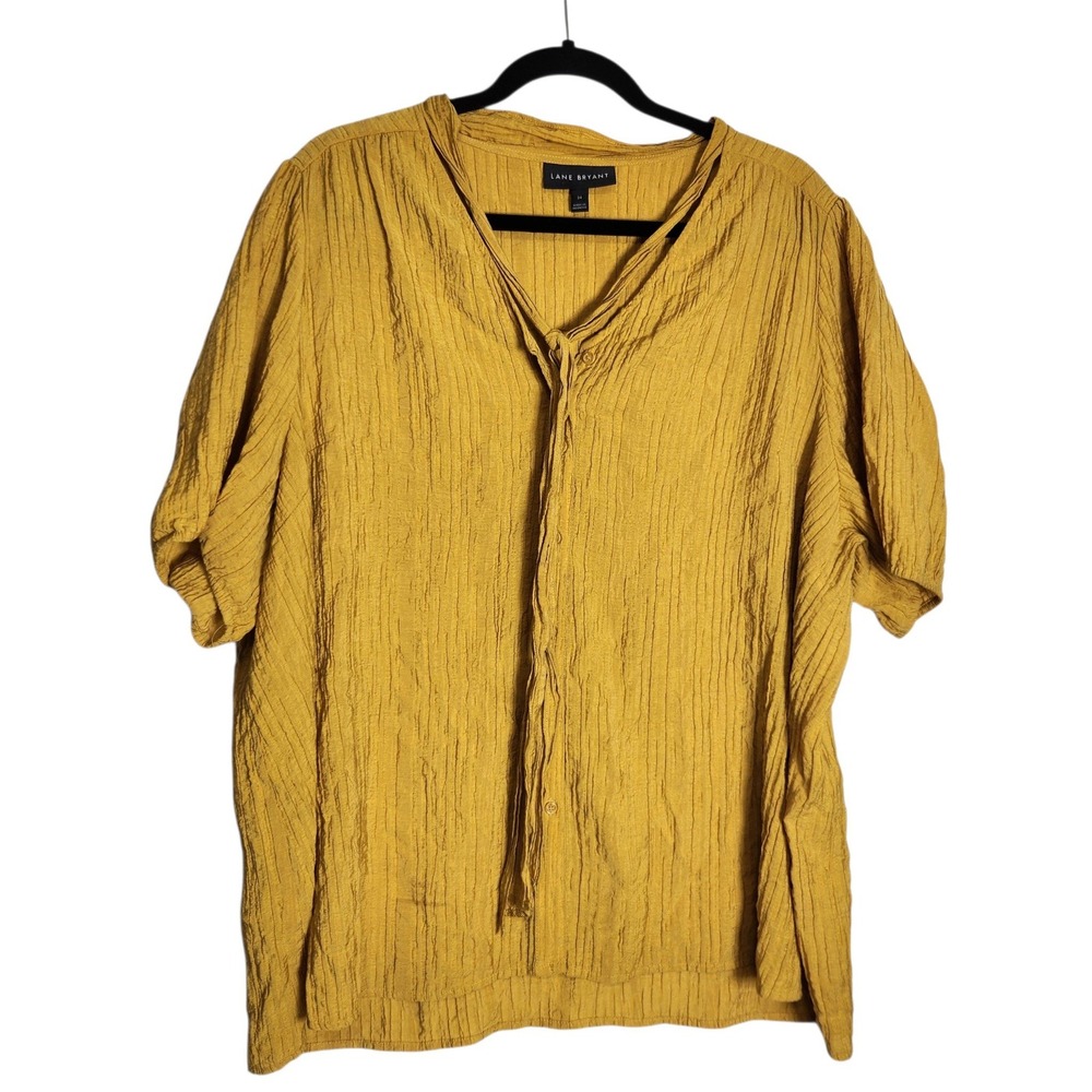 Lane Bryant Mustard Yellow Crinkle V-Neck Tie Blouse Plus Size 24 Short Sleeve